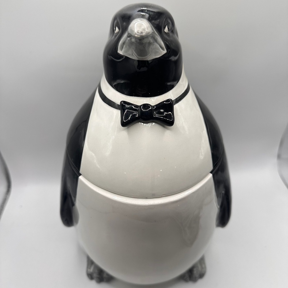 Vintage Otagiri Penguin Cookie Jar Tuxedo Bow Tie Ceramic Hand Painted B&W 1980s